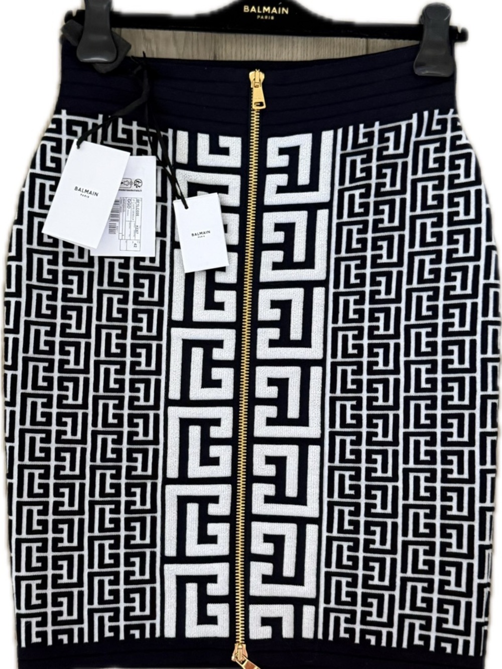 Balmain Navy and White monogram, NWT, jacquard high waist Pencil Skirt sz42 10